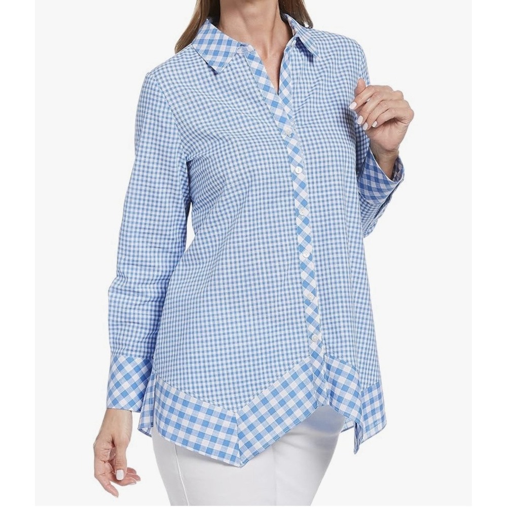 Rafaella Women's Size XL Button Up‎ Blouse Plaid White Blue Long Sleeve New